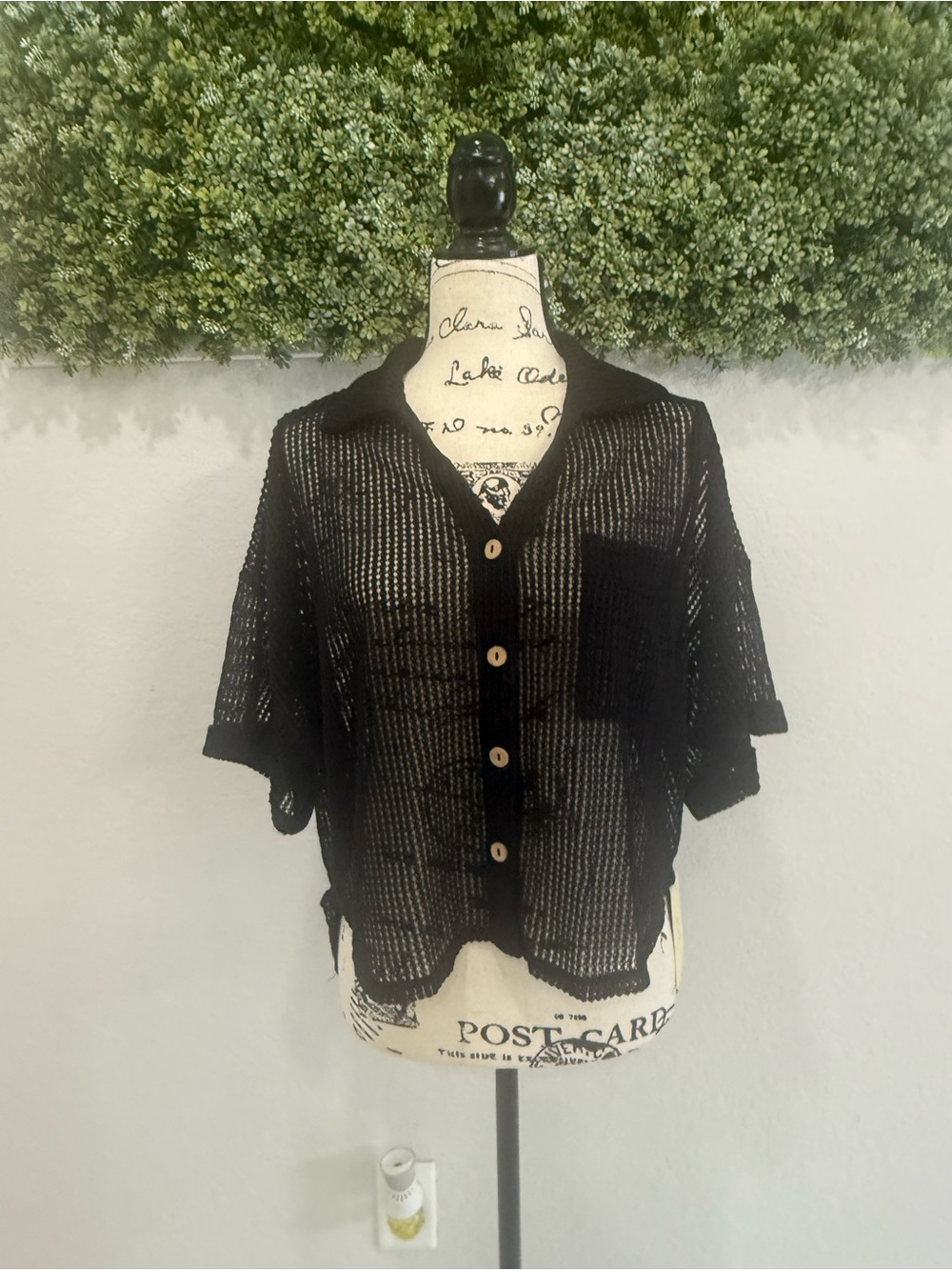 Peach Black Sheer Open Knit Button Front Top Size M